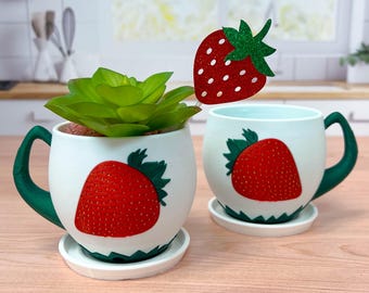 Whimsical Strawberry Teacup Planter - Charming Succulent Container, Unique Planter, Small Planter, Cute Planter, Air Planter Holder