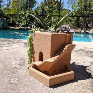 Large Geometric Stairs Planter with Integrated Drainage Herb Pot for Fairy Garden Modern Plant Pot