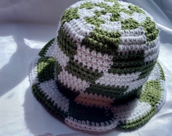 Sage Green Checkered Crochet Bucket Hat - Etsy display picture 2