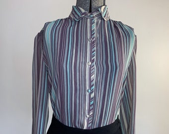 Vintage Semi Sheer Blouse, Secretary 70s 80s button up colorful lightweight work preppy striped colorful unique