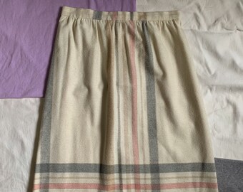 Vtg 70s Midi Skirt Cream Plaid, high waisted knee length pastel thick warm wide stripes neutral off white M 27 waist 28 waist