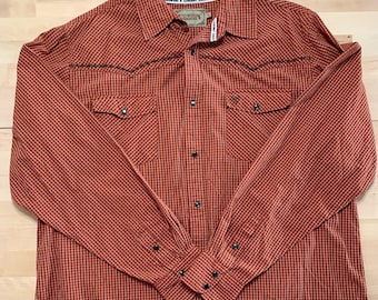 Vintage heren western overhemd met knoopsluiting en drukknopen jaren 90 XL, lichtgewicht materiaal met geruite zakken