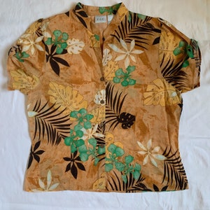 VTG 90er Jahre Button Up Top , bunt funky tropical Muster Kurzarm Rundkragen kragenlos boxy fit Button-Down-Top Leichtgewicht Hawaiianer