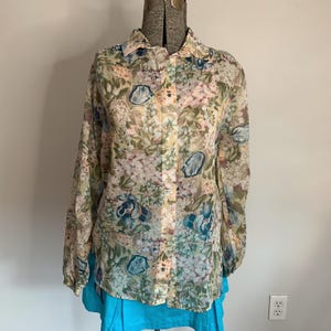 Vintage Button Up Sheer Floral Blouse, lightweight colorful flowers collared long sleeve see through retro multi color unique L top
