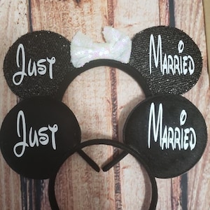 Just Married Gift Set of Mickey & Minnie Ears - Headbands -Honeymoon - Engagement Gift - Disney Couple