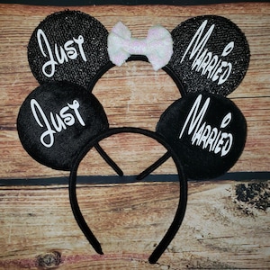Just Married Personalized Minnie - Mickey Ears Honeymoon Bride or Groom -  Marriage - Single Headband - Newlywed