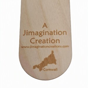 The reverse of the bookmark is shown with the engraved tag saying "A Jimagination Creation" along with a website address of "www.jimaginationcreations.com"; below this is an engraved outline map of Cornwall, to show that this bookmark is proudly made in the county of Cornwall.