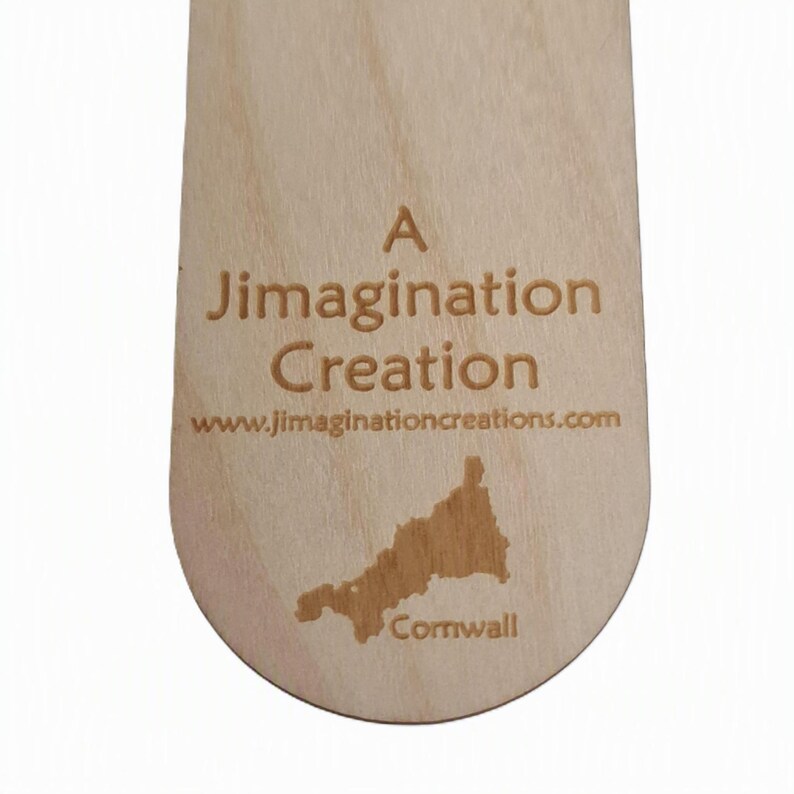 The reverse of the bookmark is shown with the engraved tag saying "A Jimagination Creation" along with a website address of "www.jimaginationcreations.com"; below this is an engraved outline map of Cornwall, to show that this bookmark is proudly made in the county of Cornwall.