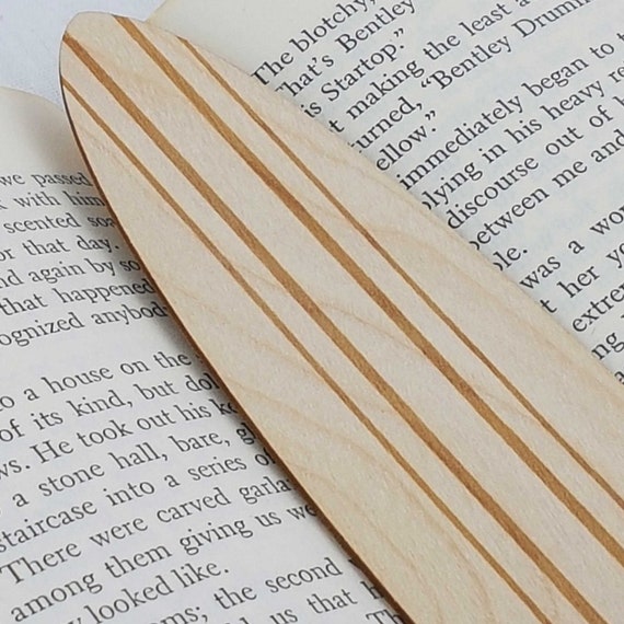 Wooden bookmark: Surfboard with a stripe design; Laser cut wood; Personalizable gift for all occasions