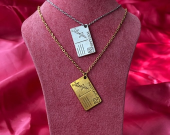Postcard Necklace Heart 'I Love You' Friendship Vintage Brass Charm UK Seller 