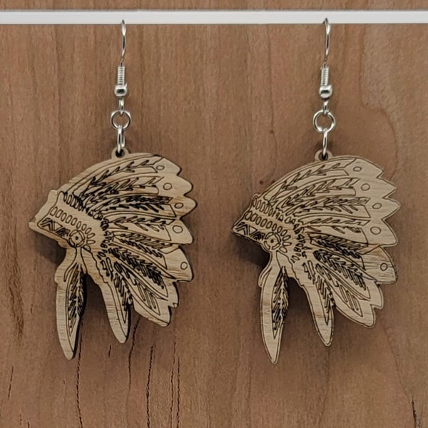 Headdress Earrings - Indian Headdress - Indian Mascot - Dangle - Ash Wood