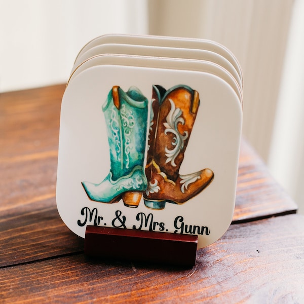 Western Wedding Gift, Unique Wedding Gift for Couple, Personalized Coasters Set, Cute Coasters, Coasters with Holder, Cowboy Wedding Gift