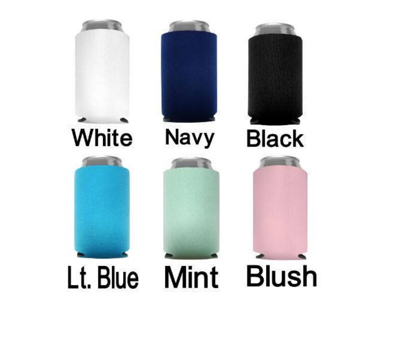 May include: A collection of insulated can coolers in various colors, including white, navy, black, light blue, mint, and blush. Each cooler is designed to fit a standard-sized can and features the color name printed below.