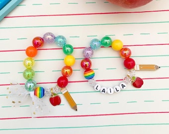 Kids Rainbow Beaded Charm Bracelet: Back to School, Personalized Name