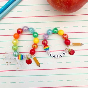 Kids Back to School Rainbow Pencil Apple Charm Bracelet, Toddler Bracelet, Personalized, Custom Name, Children's, Tulle