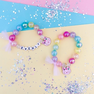 Kids Cat Kitty Unicorn Charm Bracelet, Magical, Toddler Bracelet, Personalized, Custom Name, Children&#39;s, Pink, Tulle