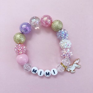 Unicorn Bracelet, Charm Bracelet, Toddler Bracelet, Kids Bracelet, Personalized, Custom Name, Children's, Chunky Beads, Kids Jewelry