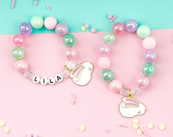 Kids Bunny Rabbit Easter Charm Bracelet, Easter Basket, Toddler Bracelet, Kids Bracelet, Custom Name, For Girls