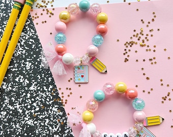 Back to School Kids Beaded Charm Bracelet, Pencil and Notebook, Personalized, Custom Name