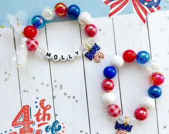 4th of July Kids Charm Bracelet: Patriotic Toddler Bracelet, Personalized Name