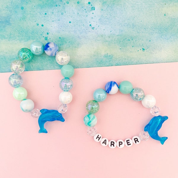 Kids Dolphin Ocean Beach Summer Charm Bracelet, Toddler Bracelet, Kids Bracelet, Custom Name, Blue