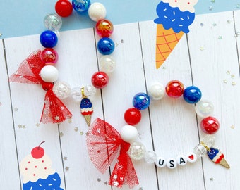 4th of July Kids Beaded Charm Bracelet: Ice Cream, Personalized Name