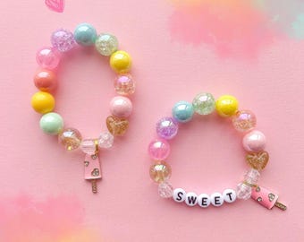 Kids Heart Ice Pop Charm Bracelet, Toddler Bracelet, Personalized, Custom Name, Children's, Pink