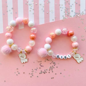 Dog Puppy Pom Pom Kids Charm Bracelet, Toddler Bracelet, Personalized, Custom Name, For Girls