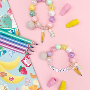 Kids Beaded Bracelet: Pencil Charm, Wishing Star, Personalized Name