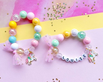 Personalized Rainbow Unicorn Charm Bracelet: Kids Beaded Name Bracelet