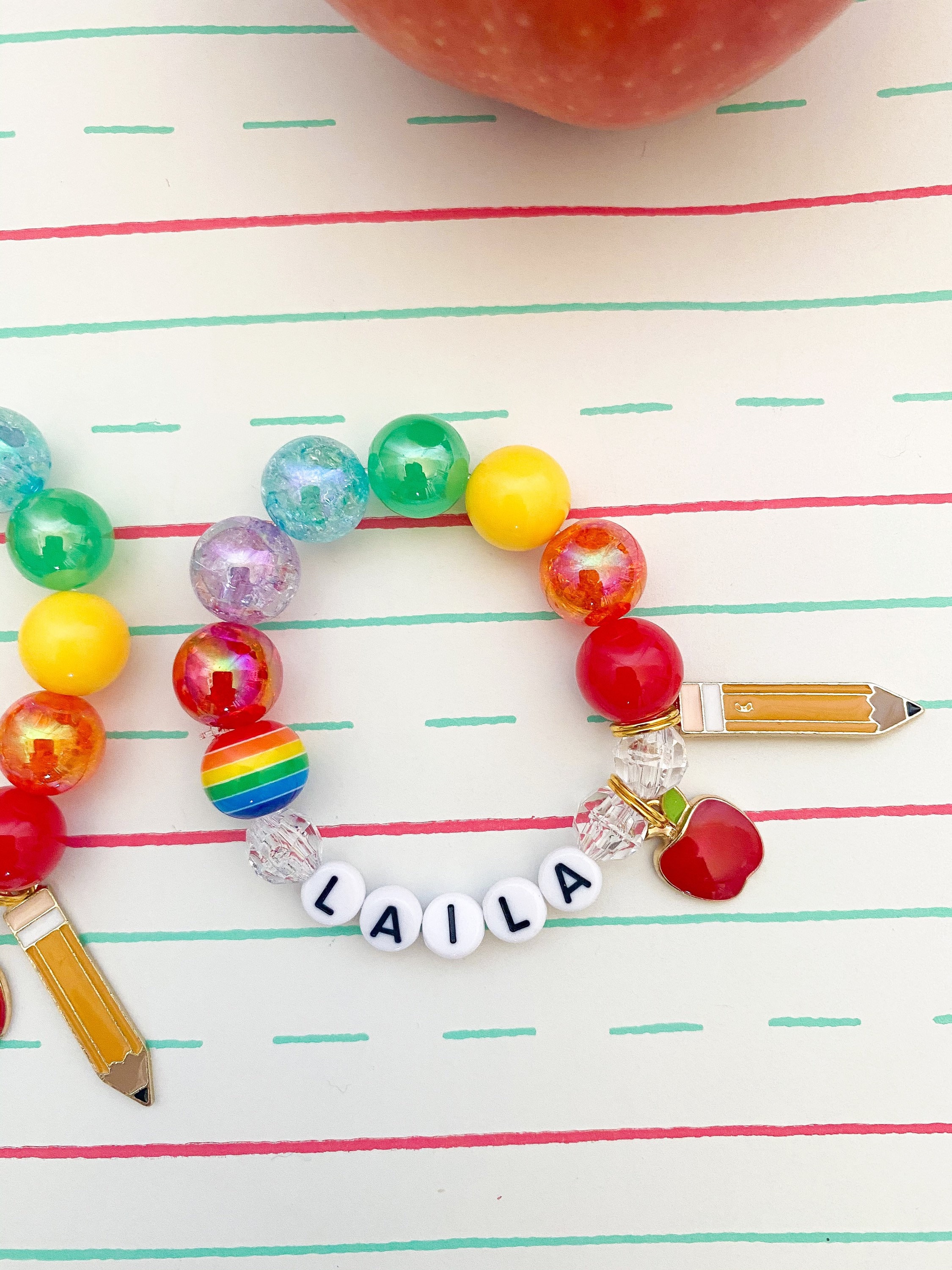 Kids Back to School Rainbow Pencil Apple Charm Bracelet, Toddler Bracelet, Personalized, Custom Name, Children&#39;s, Tulle
