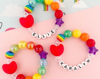 Personalized Kids Bracelet: Rainbow Beaded Name Bracelet with Heart