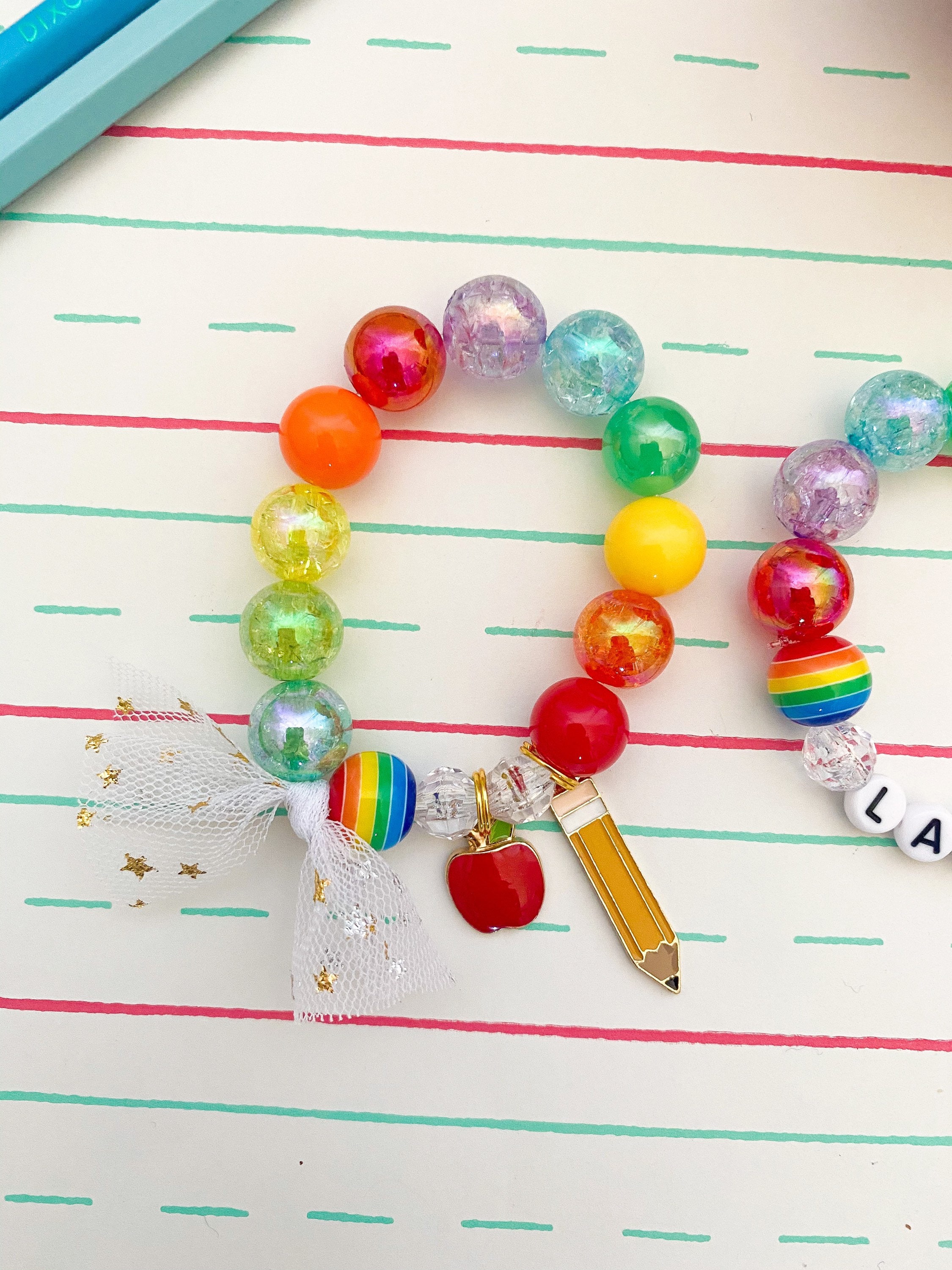 Kids Back to School Rainbow Pencil Apple Charm Bracelet, Toddler Bracelet, Personalized, Custom Name, Children&#39;s, Tulle