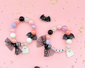 Personalized Halloween Charm Bracelet: Ghost & Bat Beaded Bracelet