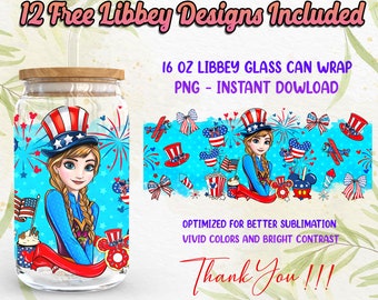 Prinzessin 4. Juli 16 Unze Libbey Glasdosenverpackung PNG Sublimationsdesigns, US Unabhängigkeitstag 16 Unzen Glasdose, Cartoon PNG Digitaler Download