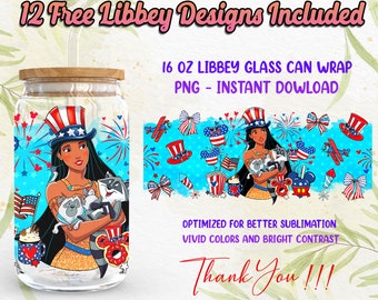 Prinzessin 4. Juli 16Oz Libbey Glasdose Wrap PNG Sublimation Designs, US Independence Day 16oz Glasdose, Cartoon PNG Digitaler Download