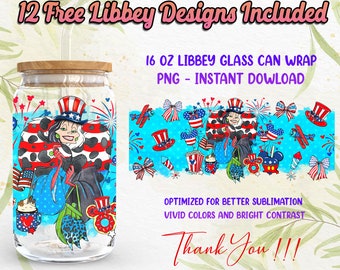 Bösewicht 4. Juli 16Oz Libbey Glasdose Wrap PNG Sublimation Designs, US Independence Day 16oz Glasdose, Cartoon PNG Digitaler Download