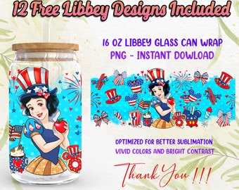 Prinses 4 juli 16Oz Libbey Glass Can Wrap PNG Sublimation Designs, US Independence Day 16oz Glass Can, Cartoon PNG Digitale Download