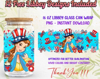Prinzessin 4. Juli 16 Unze Libbey Glasdosenverpackung PNG Sublimationsdesigns, US Unabhängigkeitstag 16 Unzen Glasdose, Cartoon PNG Digitaler Download