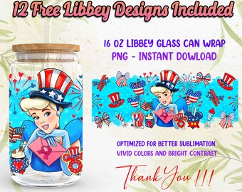 Prinzessin 4. Juli 16 Unze Libbey Glasdosenverpackung PNG Sublimationsdesigns, US Unabhängigkeitstag 16 Unzen Glasdose, Cartoon PNG Digitaler Download