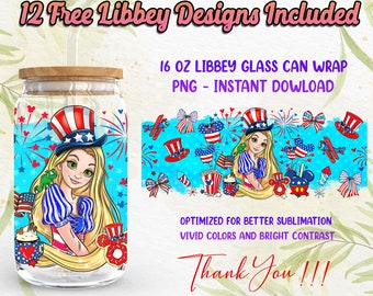 Prinses 4 juli 16Oz Libbey Glass Can Wrap PNG Sublimation Designs, US Independence Day 16oz Glass Can, Cartoon PNG Digitale Download