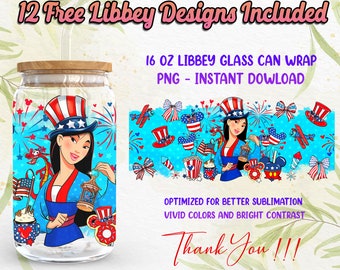 Prinzessin 4. Juli 16 Unze Libbey Glasdosenverpackung PNG Sublimationsdesigns, US Unabhängigkeitstag 16 Unzen Glasdose, Cartoon PNG Digitaler Download