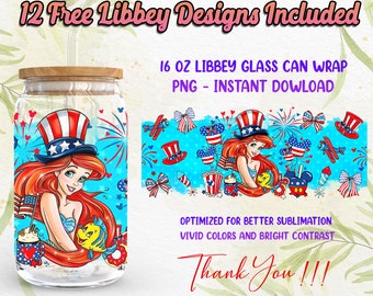 Prinses 4 juli 16Oz Libbey Glass Can Wrap PNG Sublimation Designs, US Independence Day 16oz Glass Can, Cartoon PNG Digitale Download