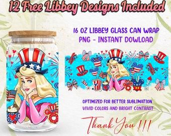 Prinzessin 4. Juli 16 Unze Libbey Glasdosenverpackung PNG Sublimationsdesigns, US Unabhängigkeitstag 16 Unzen Glasdose, Cartoon PNG Digitaler Download