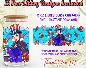 Bösewicht 4. Juli 16Oz Libbey Glasdose Wrap PNG Sublimation Designs, US Independence Day 16oz Glasdose, Cartoon PNG Digitaler Download