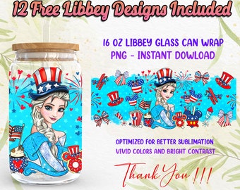 Prinzessin 4. Juli 16Oz Libbey Glasdose Wrap PNG Sublimation Designs, US Independence Day 16oz Glasdose, Cartoon PNG Digitaler Download