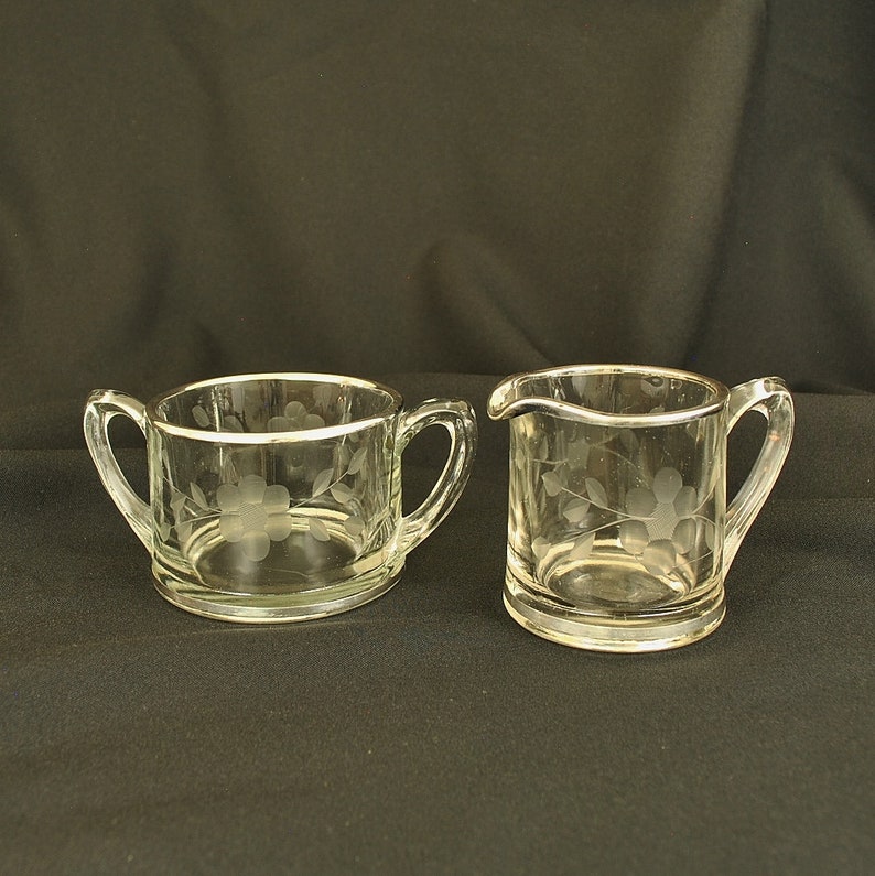 Vintage Etched Glass Sugar and Cream Set With Silver Rims Etsy