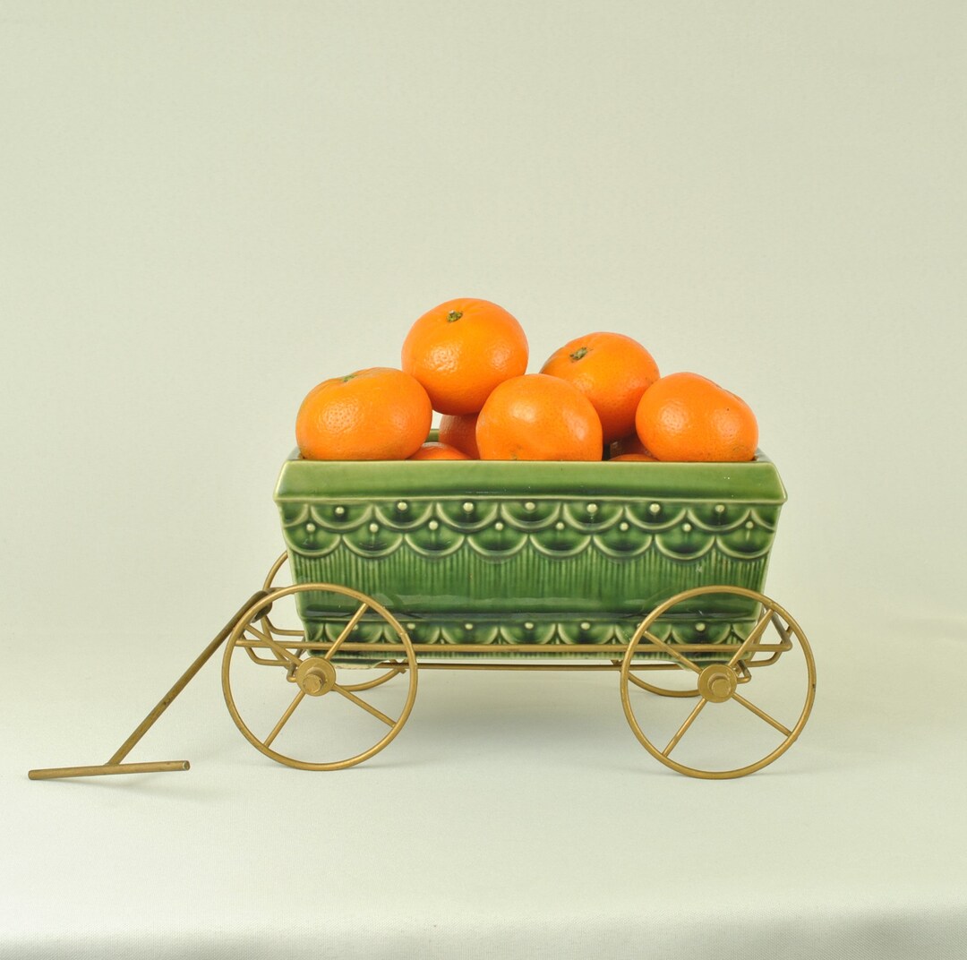 Planter or Fruit Bowl Glazed Pottery Wagon on Brass Stand Kitchen Decir