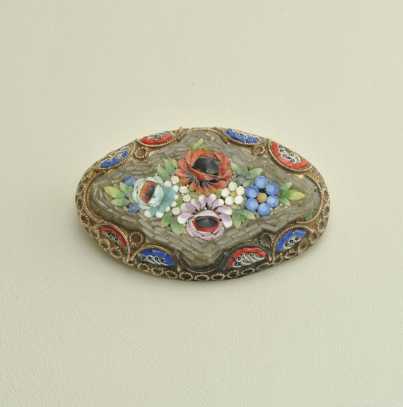 Vintage Micro Mosaic Brooch - Oval Mosaic Pin