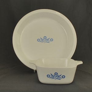 Corning Ware 9 Inch Pie Plate P-309 & Small Casserole Dish - Blue Cornflower